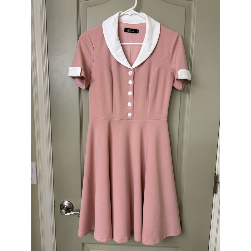 Wedtrend 50s Rockabilly Retro Audrey Hepburn Pink Swing Dress With White Sz S